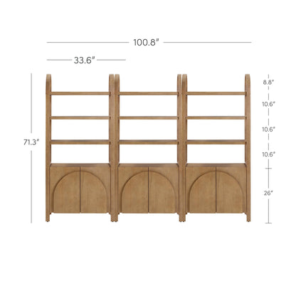 Nathan James Iris 3 Tier Bookshelf, Arched Bookcase Cabinet, Solid Wood Bookcase with Cabinet Base, Boho Bookshelf in Unbrushed Light Brown Finish, Set of 3