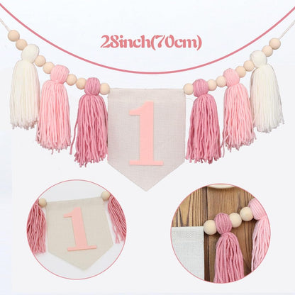 1st 1 Boho Pink Handmade Birthday High Chair Banner First Highchair Banner For Baby Girls Wild One Wall Hangings Wood