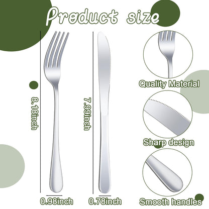 24 Pcs Stainless Steel Silverware Dinner Fork and Knife Set Flatware Forks Silver Tableware Cutlery Set Bulk for Kitchen Restaurant Home (8.1X 1 Inch, 8 X 0.8 Inch)