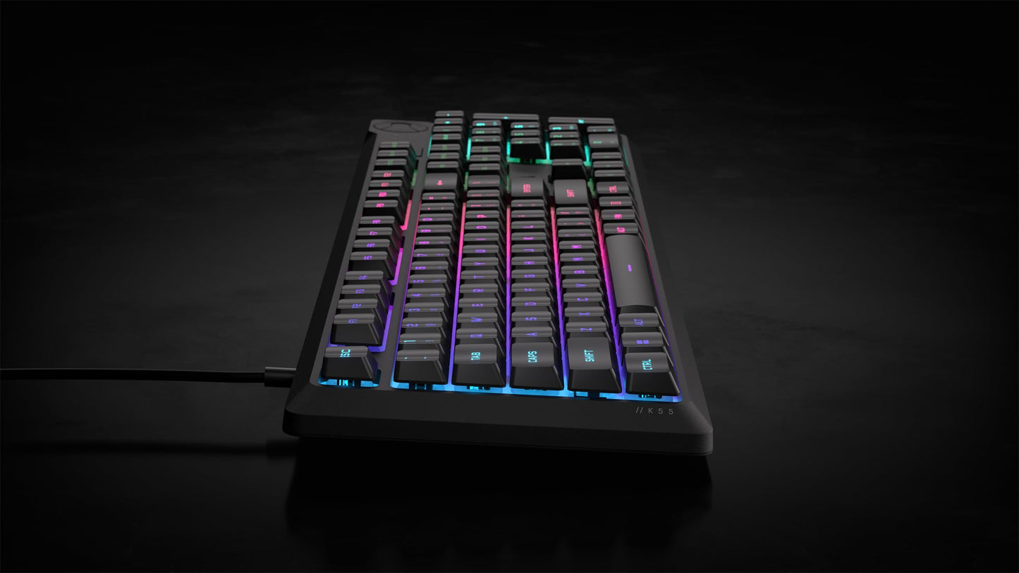 Corsair K55 CORE RGB Membrane Wired Gaming Keyboard – QWERTY US Layout – Quiet, Responsive Switches – Spill Resistance – Ten-Zone RGB – Media Keys – iCUE Compatible – PC, Mac – Black