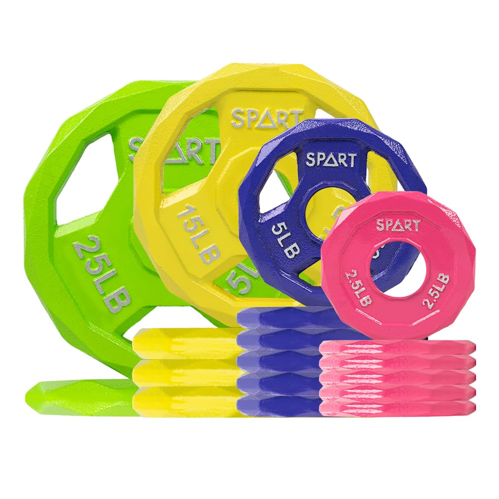 SPART Color Coded Weight Plate 155LB Combo Set, 2-Inch Cast Iron Metal Weight Plates for Barbell,Solid Cast Iron Olympic Weight Plates for Strength Training, Weightlifting, Crossfit