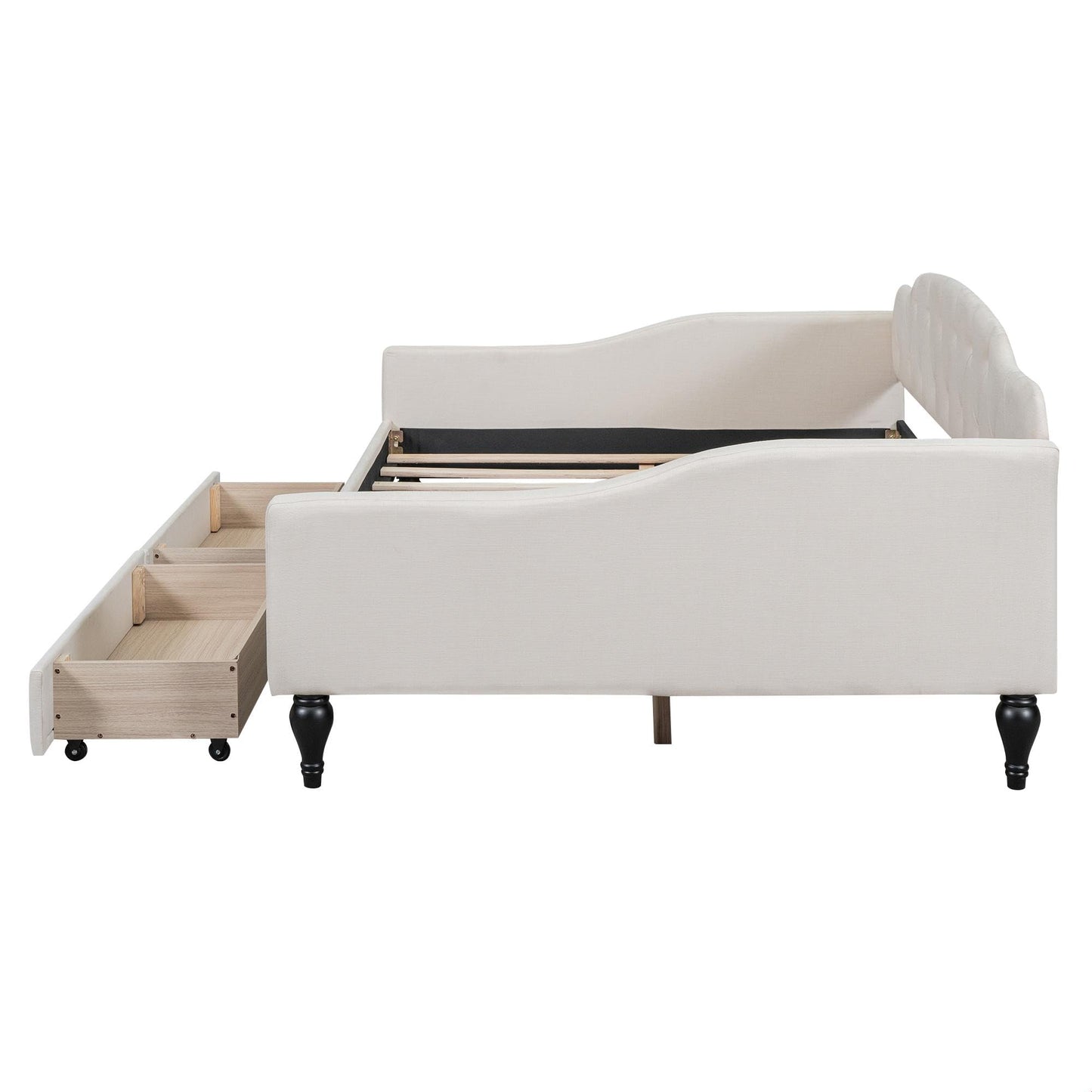 GDFStudio Full Size Upholstered Tufted Daybed with Two Storage Drawers – Linen Fabric, Solid Wood Frame, Space-Saving Design, Beige