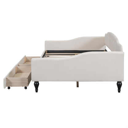 GDFStudio Full Size Upholstered Tufted Daybed with Two Storage Drawers – Linen Fabric, Solid Wood Frame, Space-Saving Design, Beige