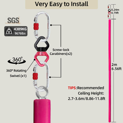 PRIORMAN Silicone Flying Dance Pole Set, 2m/6.56ft 45mm Aerial Pole, SGS CE Certified 9676lbs/4389kg Load, Hanging Kit with 360°Swivel & Carabiners, Heavy Duty Pole for Home Studio Stage,Pink