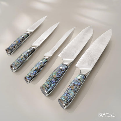 Seveat Damascus Kitchen Knife Set | 67-Layer Damascus Steel | Professional Chef Knives Set | Ergonomic Blue Shell Handle | Acacia Wood Magnetic Holder Included (Blue-3, 5-Piece Set)