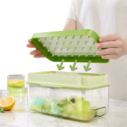 Ice Cube Tray with Lid and Bin, 64 pcs Ice Tray Kit with Ice Scoop, Ice Cube Pop Out Tray, Ice Cube Trays for Freezer, Ice Cube Molds, BPA Free, Easy Release Stackble Spill-Resistant ZZWILLB (Green)