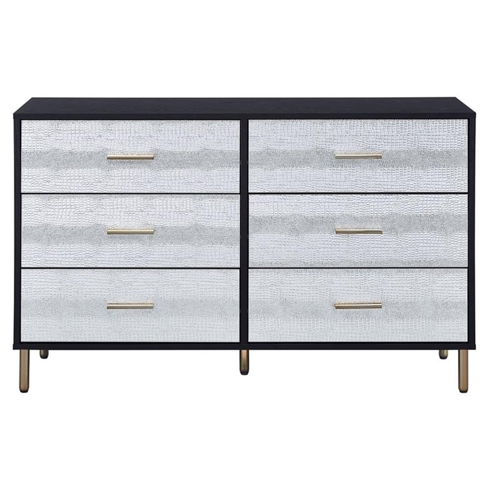 Acme Furniture 6 Drawers Wooden Dresser, Black, Silver and Gold