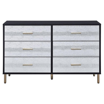Acme Furniture 6 Drawers Wooden Dresser, Black, Silver and Gold