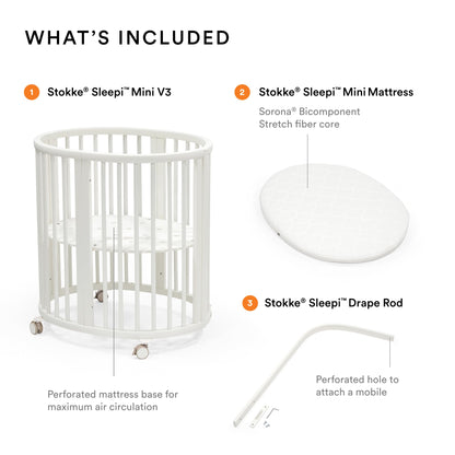 Stokke Sleepi Mini Bundle V3, White - Includes Sleepi Mini V3, Mattress & Drape Rod - Suitable for Ages 0-6 Months - Adjustable & Stylish