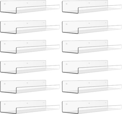 Upsimples 12 Pack Acrylic Shelves - Clear Wall Organizer for Figures, Toys, Perfume | 15" Display Shelf for Bedroom & Nursery