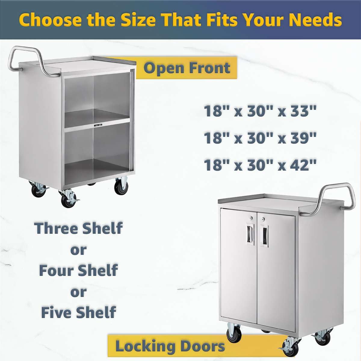 18" x 30" Stainless Steel Utility Cart with Enclosed Base and Locking Doors - Commercial NSF 3 Shelf Service Cart, Heavy-Duty Mobile Storage Cabinet for Kitchen, Catering, Restaurant Storage