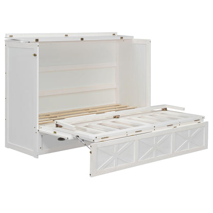 Merax Queen Size Murphy Bed Cabinet with Charging Station and Storage Drawer, Wooden Foldable Platform Bed Frame for Home Office Small Room, White