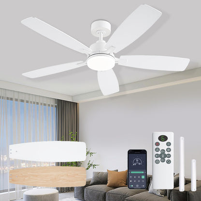 NKPU White Ceiling Fans with Lights, 52 Inch Low Profile Ceiling Fan with Light and Remote/App Control, Dual-Sided Blades, Reversible, 3CCT, Dimmable, Modern Ceiling Fan for Indoor/Outdoor Patios
