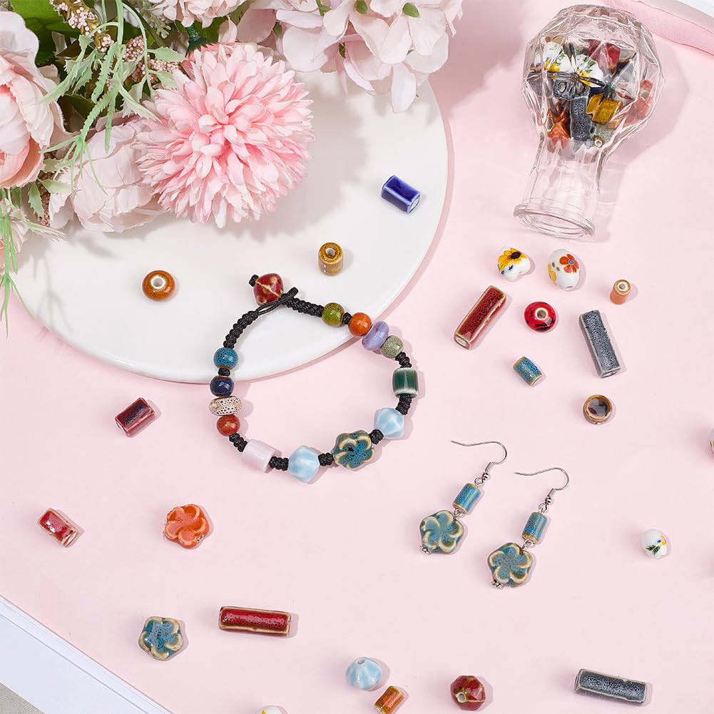 SUNNYCLUE 1 Box 100Pcs Porcelain Bead Painted Ceramic Beads Bulk Flower Floral Printed Column Tube Flat Rondelle Charms Loose Spacers for Jewelry Making Earrings Bracelets Necklaces DIY Crafts Decor