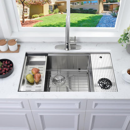 33 Inch Undermount Kitchen Sink with Glass Rinser -Bokaiya 33x19 Stainless Steel Kitchen Sinks Undermount Workstation Sink 16 Gauge Multifunctional Single Bowl Deep Kitchen Sink with Cutting Board