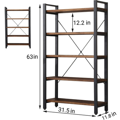 WH-AOERPUMY 5 Tier Bookcase, Solid Wood Bookshelf Rustic Vintage Industrial Etagere Bookcase, Metal and Wood Free Vintage Bookshelf, Retro Brown (5-Tiers)