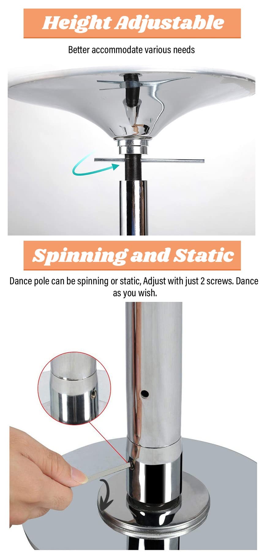 OREKPOT Spinning Pole Portable Removable Dance Pole for Kids - 40mm Portable Spinning Static Dancing Pole with Extension Pole for Home Apartment Club Exercise, Removabl，Silver 7.5FT 10FT/2.3M 3.05M