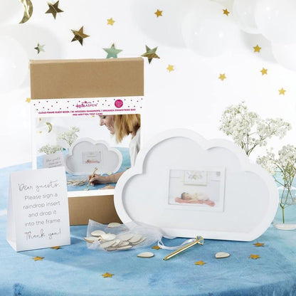 Kate Aspen Baby Shower Guest Book Cloud Frame with Wooden Rain Drops Guestbook Alternative, Nursery Decor, Baby Shower Decorations, Sonogram Picture Frame
