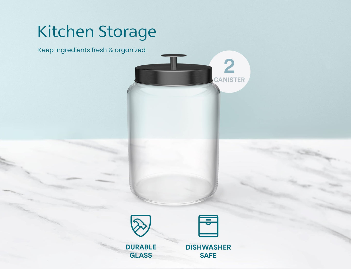 KooK Glass Storage Containers with Lids, Glass Jar with Lid, 1 Gallon, Set of 2, Glass Canister, Storage, Laundry, Kitchen Jar, (Circular, Black)