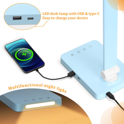 LED Desk Lamp with USB Ports,Touch Desk Lamps for Home Office with 5 Color Modes,3 Brightness Desk Light with Small Night Light,Reading Lamp Table Lamp for Bedroom Bedside Study Black （with adapter）