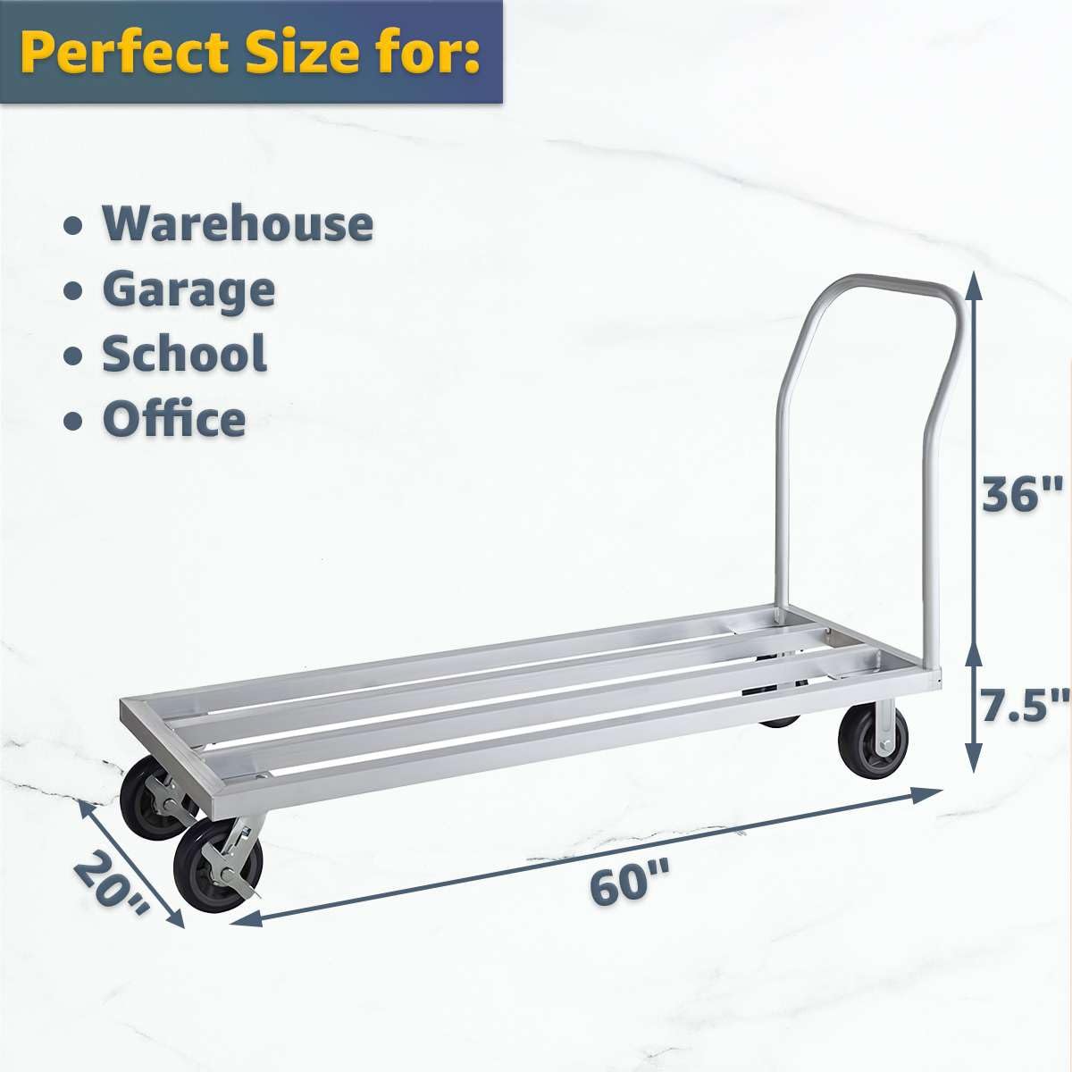 20" x 60" Mobile Aluminum Dunnage Rack - 1600 lb. Capacity, Heavy-Duty Rolling Storage Platform with Handle and Casters, NSF Certified Aluminum Rack for Kitchen, Warehouse, Food Storage