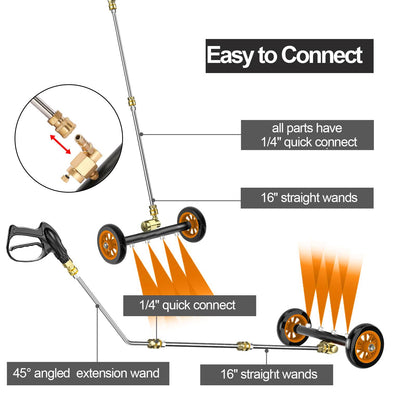 TRELVEX Undercarriage Pressure Washer Attachment Pro Max 16", Surface Cleaner Water Broom with 3pcs ExWand and Quick Connect Pivot Coupler 4000psi, 2in1 Underbody Car Washer