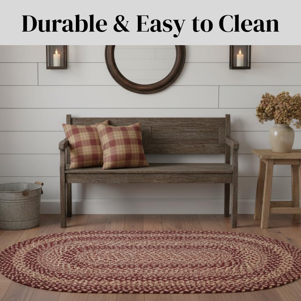 Jute Braided Rugs 4x6' Oval Rustic Trails – Burgundy & Tan Primitive Rugs for Living Room, Dining Room Decor, Farmhouse Living Accent