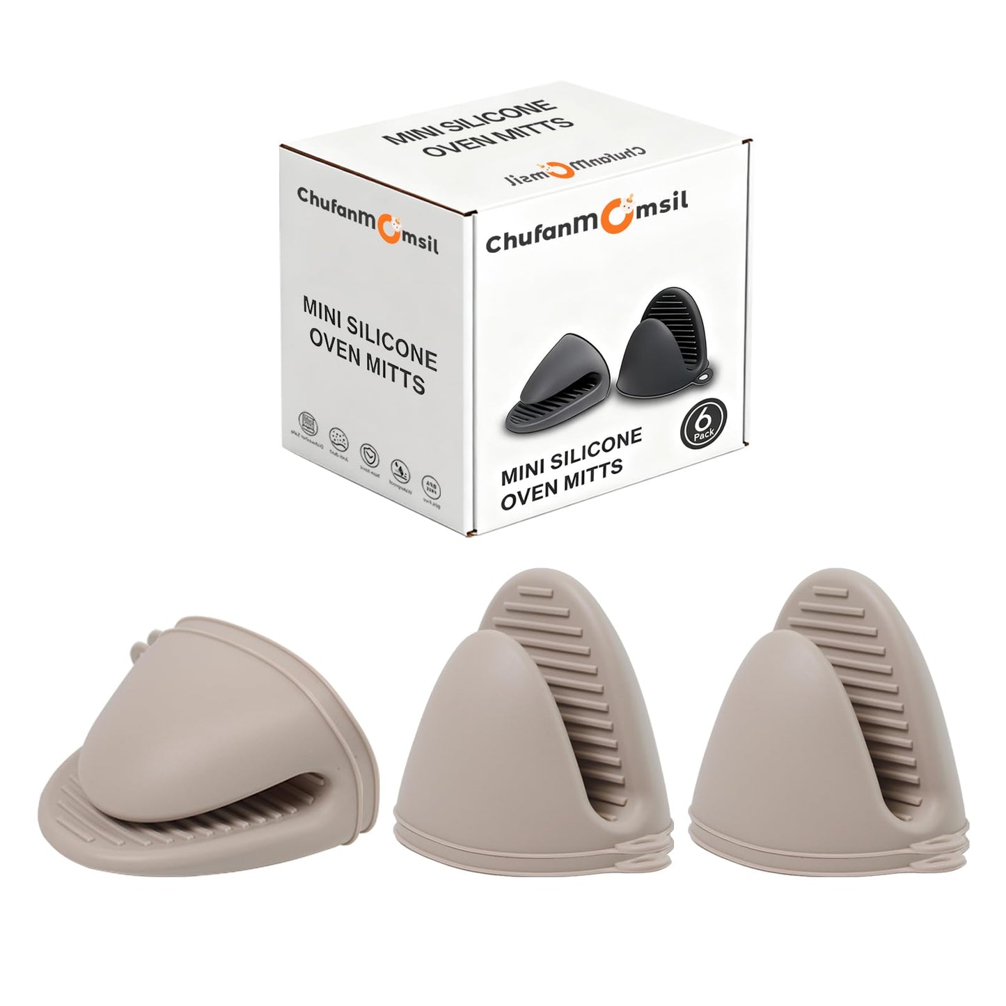 Silicone Oven Mitts Heat Resistant 3 Pair Mini Pot Pinch Grip- ChufanMomsil Short Cute Pot Holders Sets for Kitchen, Air Fryer, Baking, Small Silicone Rubber Oven Gloves Mittens, Khaki
