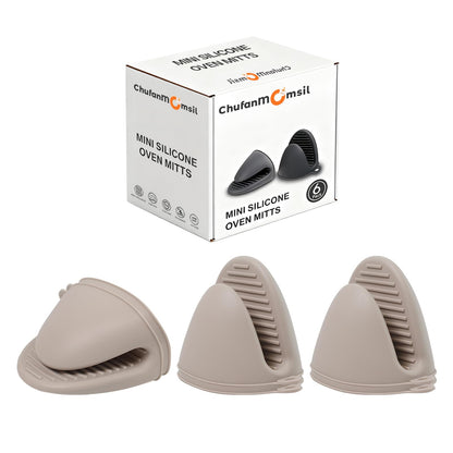 Silicone Oven Mitts Heat Resistant 3 Pair Mini Pot Pinch Grip- ChufanMomsil Short Cute Pot Holders Sets for Kitchen, Air Fryer, Baking, Small Silicone Rubber Oven Gloves Mittens, Khaki