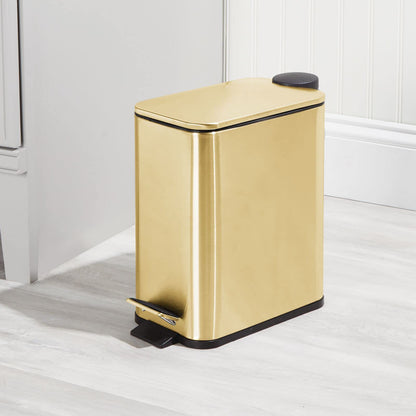 mDesign 1.3 Gallon Rectangular Slim Metal Trash Can w/ Foot Pedal, Easy-Close Lid, Narrow Wastebasket, Garbage Container Bin - Bathroom, Bedroom, Kitchen, Home Office, Removable Liner- Soft Brass