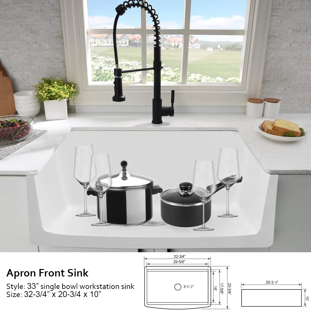 33 Inch White Farmhouse Sink Workstation-Hovheir 33x21 Apron Front Farm Sink White Fireclay Porcelain Ceramic Farmhouse Kitchen Sinks Workstation Deep Single Bowl Farmer Sinks with Cutting Board