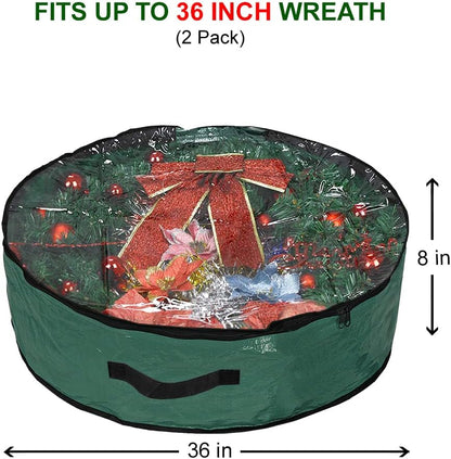 Propik Christmas Wreath Storage Bag - 36" Tear-Resistant Holiday Container with Clear Window - 2 Pack, Green