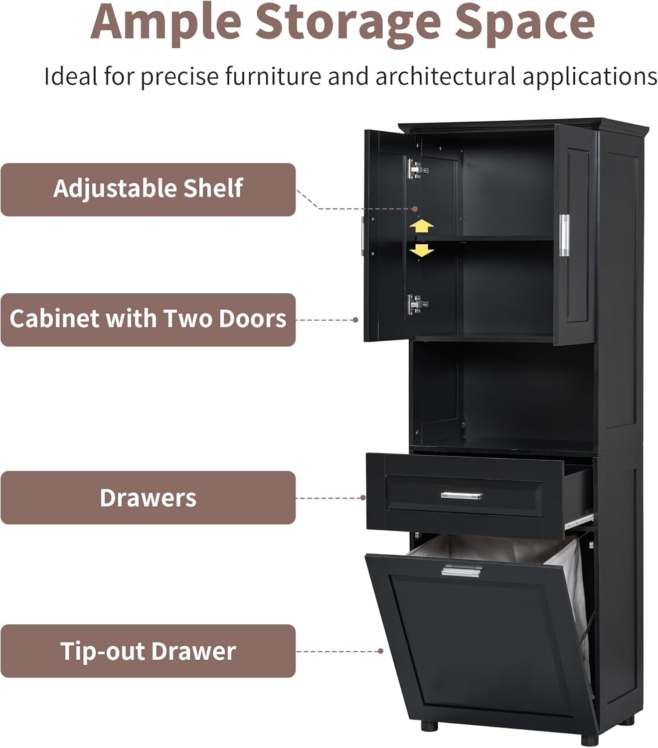 Virubi Laundry Cabinet with Tilt Out Laundry Hamper and Drawer, Wood Tall Bathroom Storage Cabinet with Doors and Adjustable Shelves, Freestanding (Black)