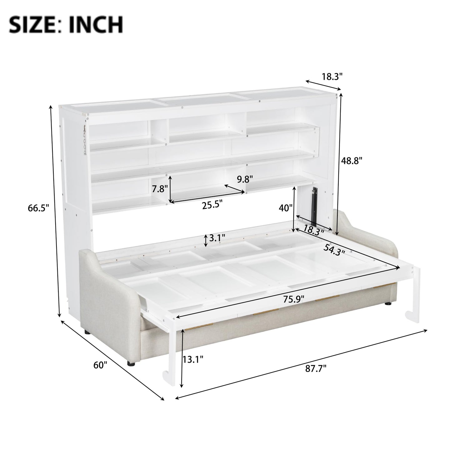 Bellemave Full Size Murphy Bed with Sofa, Cabinet Bed with Storage Shelves and LED Light, Farmhouse Murphy Cabinet with Folding Sofa, Noisy Free, for Guest Bedroom, Living Room, Office, Beige