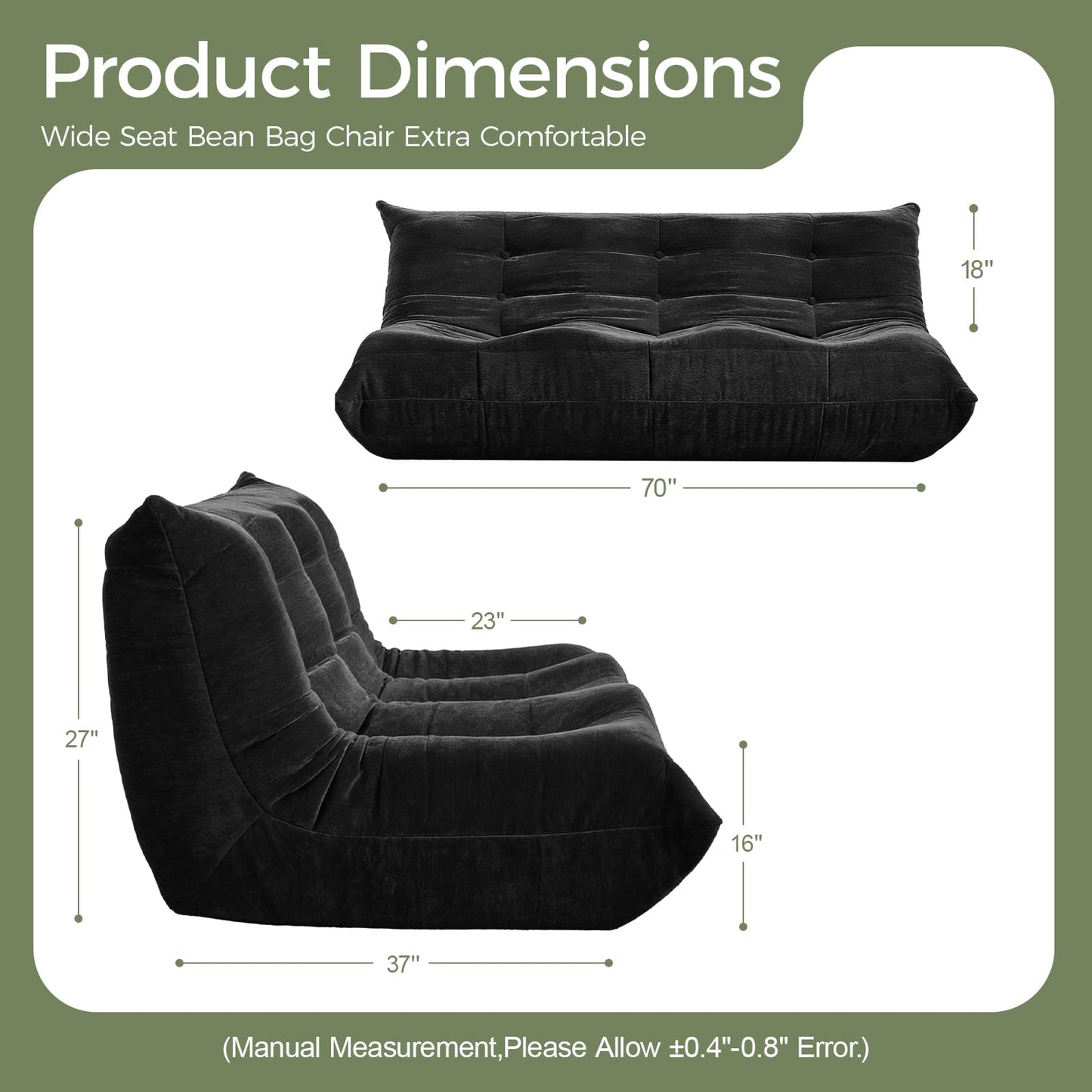SUYOLS Bean Bag Chair, 3 Seater Fireside Chair Large Bean Bag Sofa for Adults, Memory Foam Chairs Gaming Chairs with Comfy Design & Soft Fabric, Lazy Floor Sofa for Living Room, Bedroom, Dark Gray