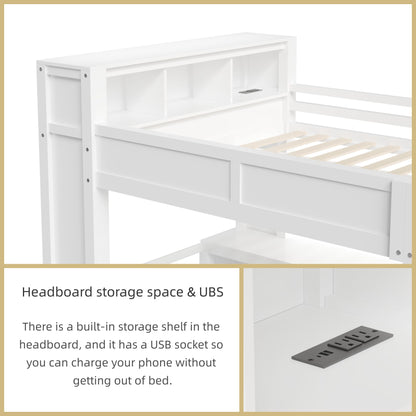 Merax Queen Loft Bed Frame with Desk and Wardrobe, Headboard with Storage & Charging Station, Wood Loft Bunk Bed with Solid Slats & Guardrail, No Box Spring Needed, Space-Saving, Noise Free, White