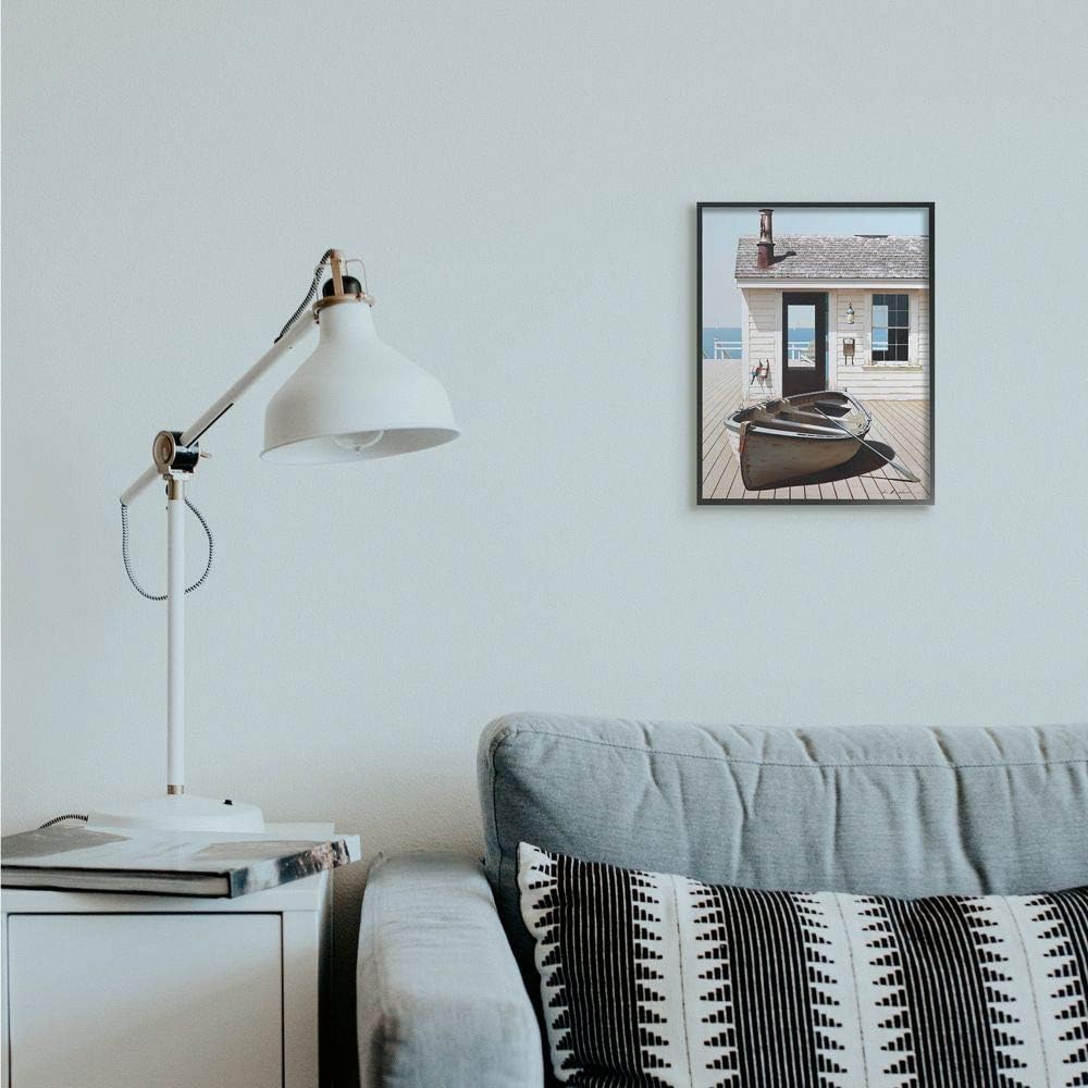 Stupell Industries Boat On Boardwalk Painting - Tranquil Coastal Boathouse Art, 11 x 14, Black Framed