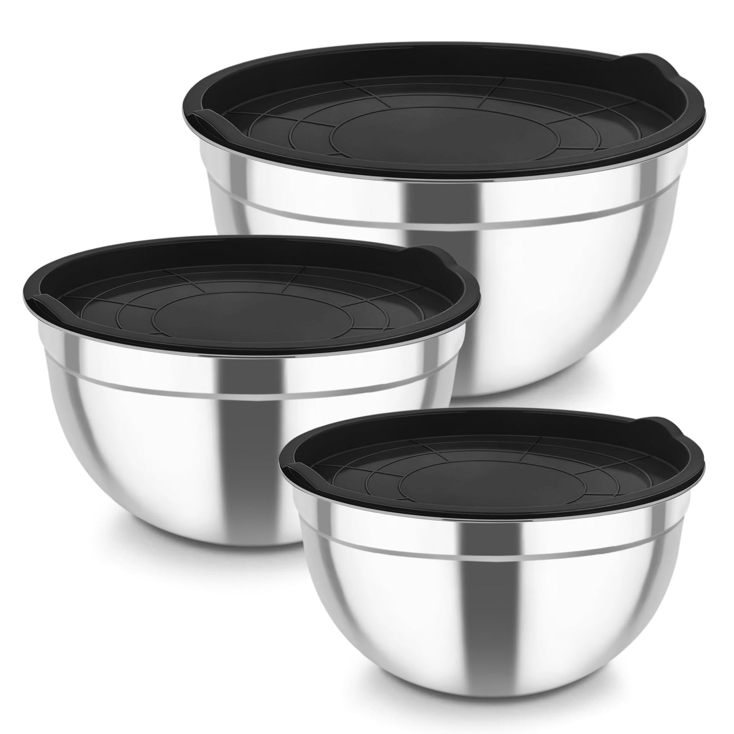 TeamFar Mixing Bowls, Stainless Steel Nesting Salad Bowls with Airtight Lids Set, For Serving/Mixing/Storing, Healthy & Long-lasting, Dishwasher Safe & Easy Clean, 4.6/3 / 1.5 QT, Black