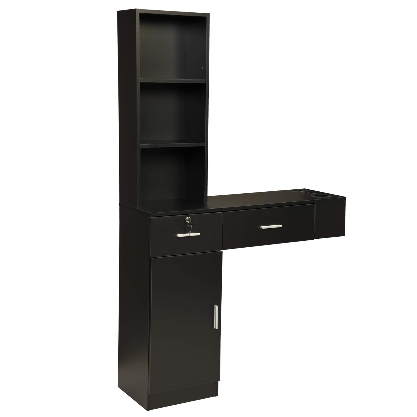 Wall Mount Hair Styling Barber Station Beauty Hair Salon Spa Equipment Set W, 3 Tier Shelf, Lockable Drawer, Black