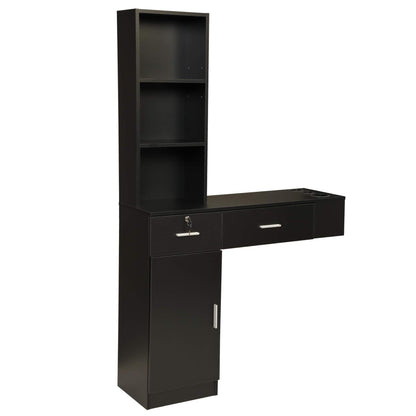 Wall Mount Hair Styling Barber Station Beauty Hair Salon Spa Equipment Set W, 3 Tier Shelf, Lockable Drawer, Black