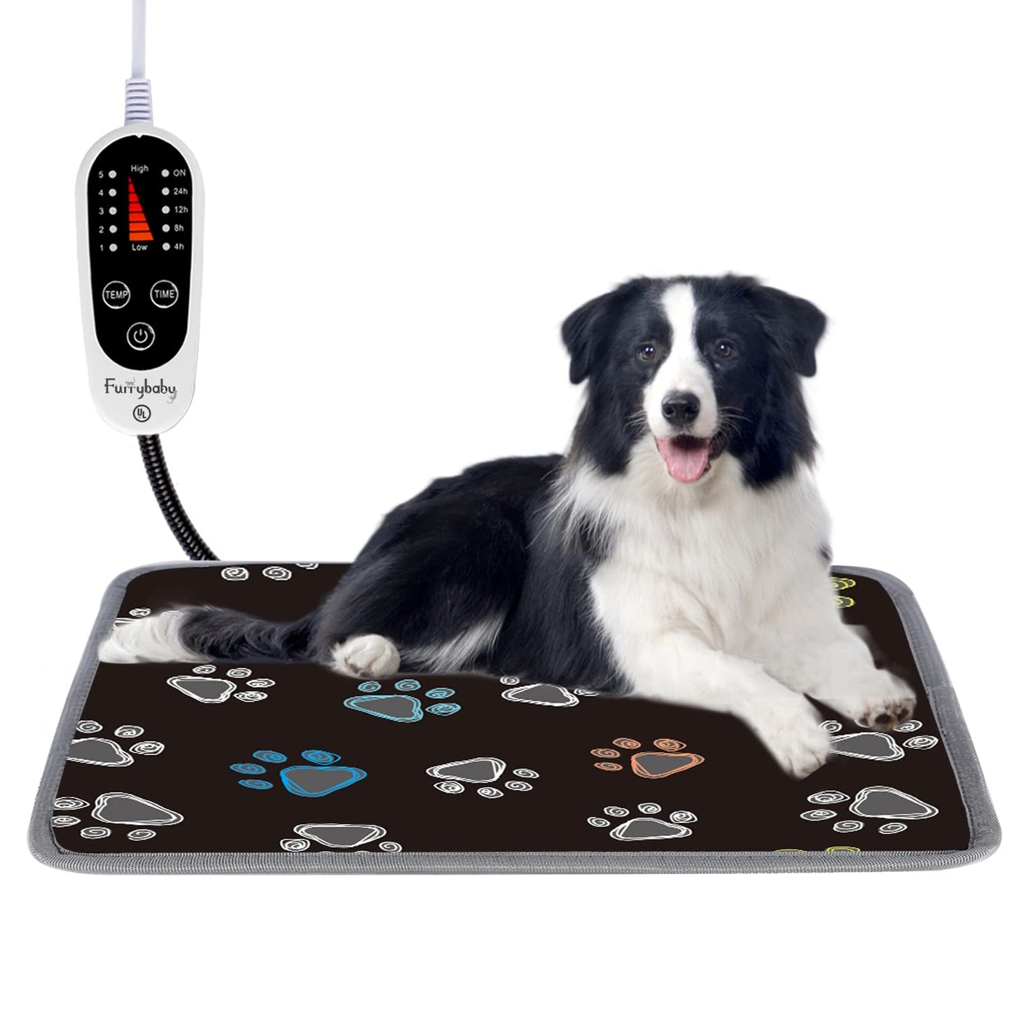 furrybaby Pet Heating Pad, Waterproof Dog Heating Pad Mat for Cat with Durable Anti-Bite Tube Indoor for Puppies Dogs Cats (1 Pack Black, 34 X 24in, Temp Adjustable)