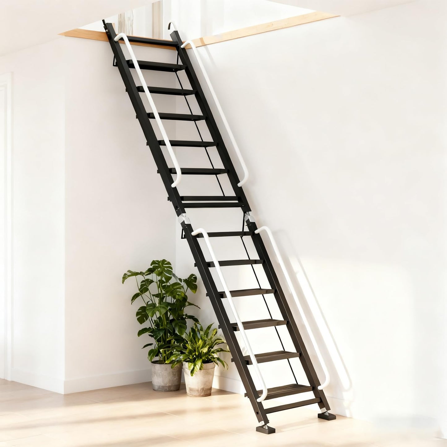 Foldable Aluminum Loft Stairs Ladder, 12 Step Folding Bunk Bed Ladders with Handrails, Portable Anti-Slip Egress Attic Ladder, Floor-Mounted Metal Roof Access Step Ladders for Dorm RV Home Attic Stair