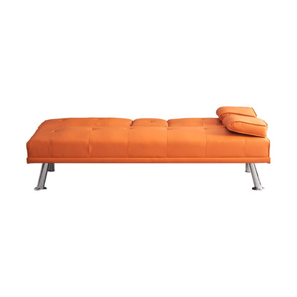 KEIKI 67" Leather Folding Futon Sofa w/Cup Holder & Adjustable Backrest, Mid Century Modern Couch Loveseat Convertible to Sleeper Bed, Comfy Cloud Couch SofaBed for Living Room & Bedroom, Orange