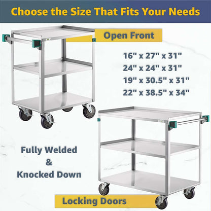 19" x 30.5" Commercial Stainless Steel Utility Cart NSF - Three Shelf Rolling Service Cart with Handle and 5" Casters - 300 lb Capacity, Rolling Cart for Warehouse and Restaurant