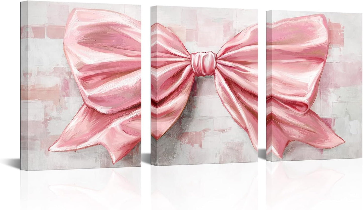 12x16inchx3Pieces HOMEOART Bow Painting Canvas Print Bow Picture Bathroom Decor Bedroom Wall Decor Framed (Pink)