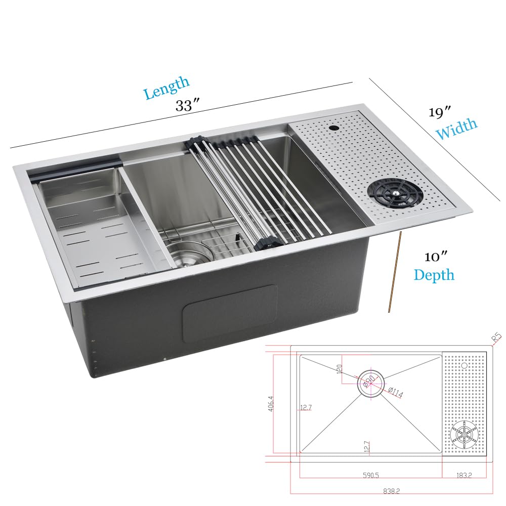 33 Inch Undermount Kitchen Sink with Glass Rinser -Bokaiya 33x19 Stainless Steel Kitchen Sinks Undermount Workstation Sink 16 Gauge Multifunctional Single Bowl Deep Kitchen Sink with Cutting Board