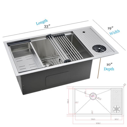 33 Inch Undermount Kitchen Sink with Glass Rinser -Bokaiya 33x19 Stainless Steel Kitchen Sinks Undermount Workstation Sink 16 Gauge Multifunctional Single Bowl Deep Kitchen Sink with Cutting Board
