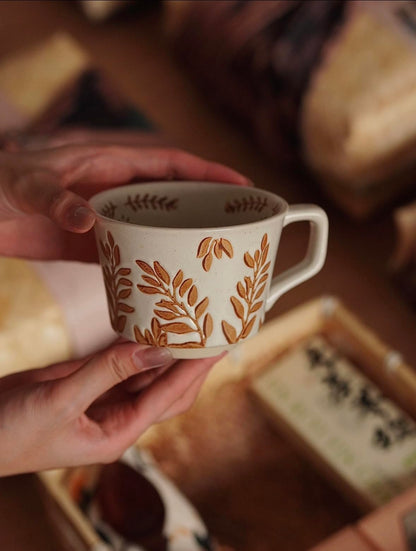 Handmade Ceramic Mugs, 12 oz Coffee Cups, Tea Mugs, Farmhouser Mug, Luxurious Cups for Office Home Microwavable, Porcelain Coffee Cups With Handle - Modern, Boho, Unique Style Wisteria Leaves