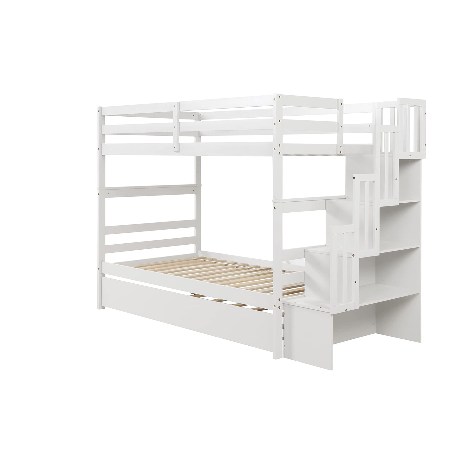 Twin Over Twin Bunk Bed with Trundle,Solid Wood Bunk Beds with Storage Stairs,Bunk Bed Twin Size with Stairs for Kids,Teens,Adults,White
