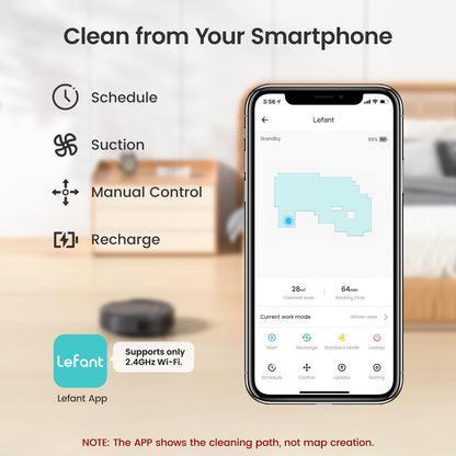 Lefant Robot Vacuum Cleaner, 120 Mins Runtime, Compact Design, Low Noise, Powerful Suction, Wi-Fi/App/Voice Control, Self-Charging, Scheduled Cleaning, Ideal for Pet Hair and Hard Floors, M210 Black